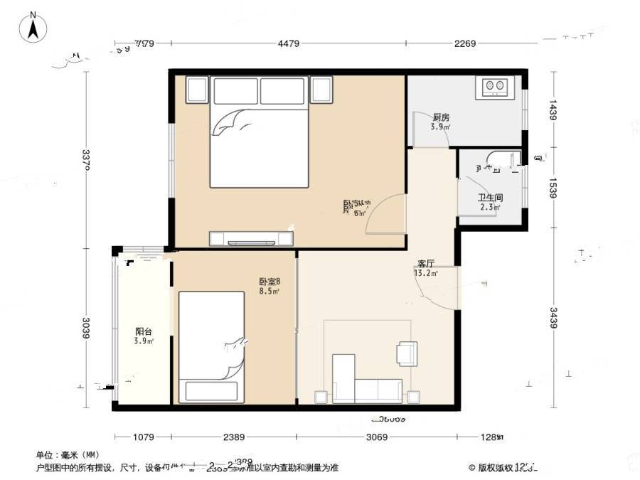 大拐棒胡同2室1厅1卫54㎡户型图