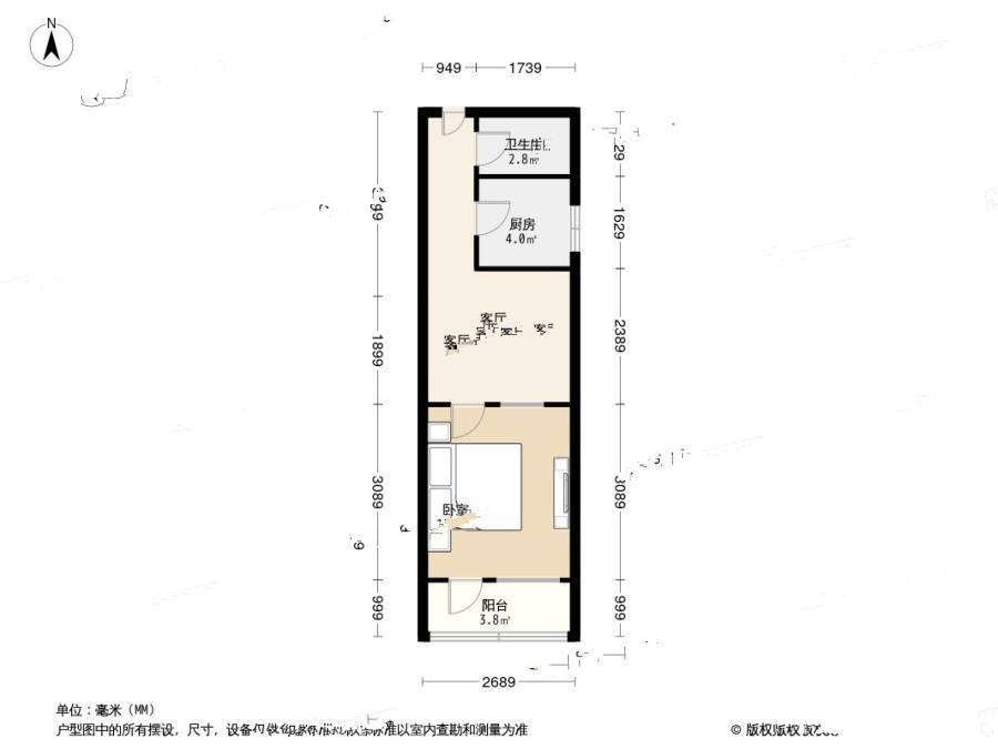 扣钟北里东区1室1厅1卫43㎡户型图