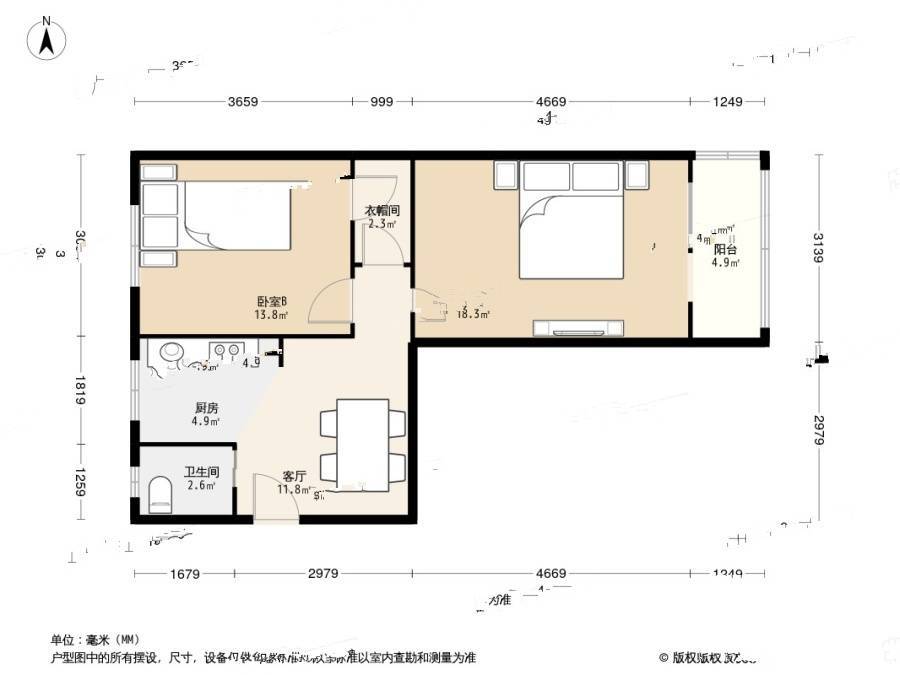 扣钟北里东区2室1厅1卫65㎡户型图