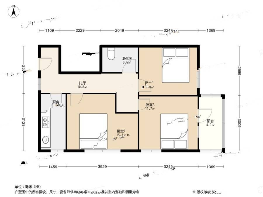 扣钟北里东区3室0厅1卫65.7㎡户型图