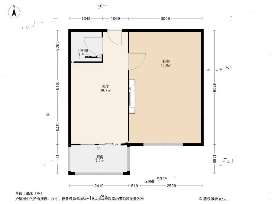 北营房西里1室1厅1卫36㎡户型图