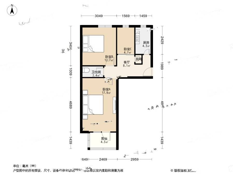 北营房西里3室1厅1卫57㎡户型图