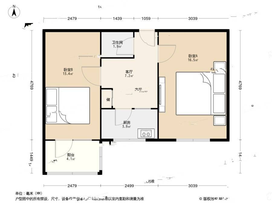 北营房西里2室1厅1卫51.5㎡户型图