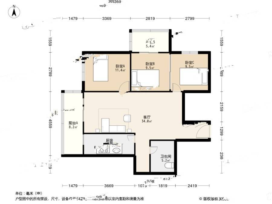 青塔西里6号院2室1厅1卫107㎡户型图