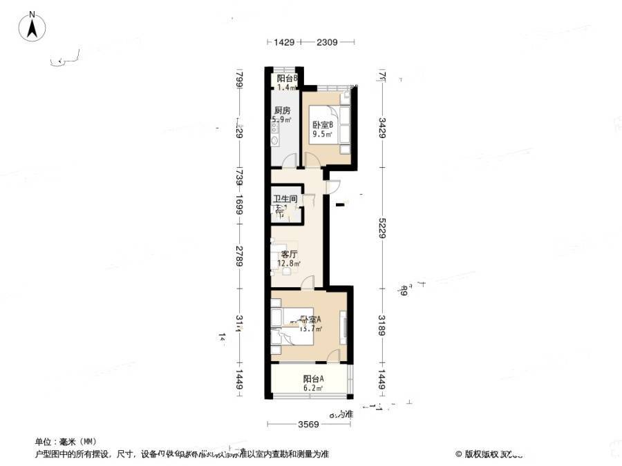 白菜湾2室1厅1卫60㎡户型图