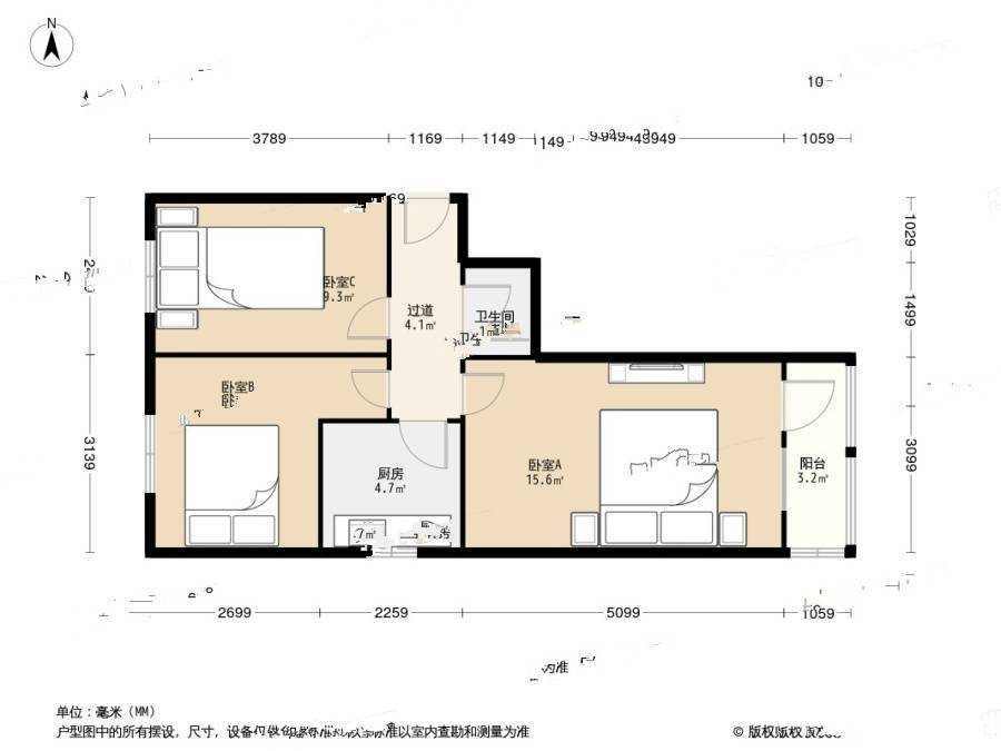 地藏庵小区3室1厅1卫62㎡户型图