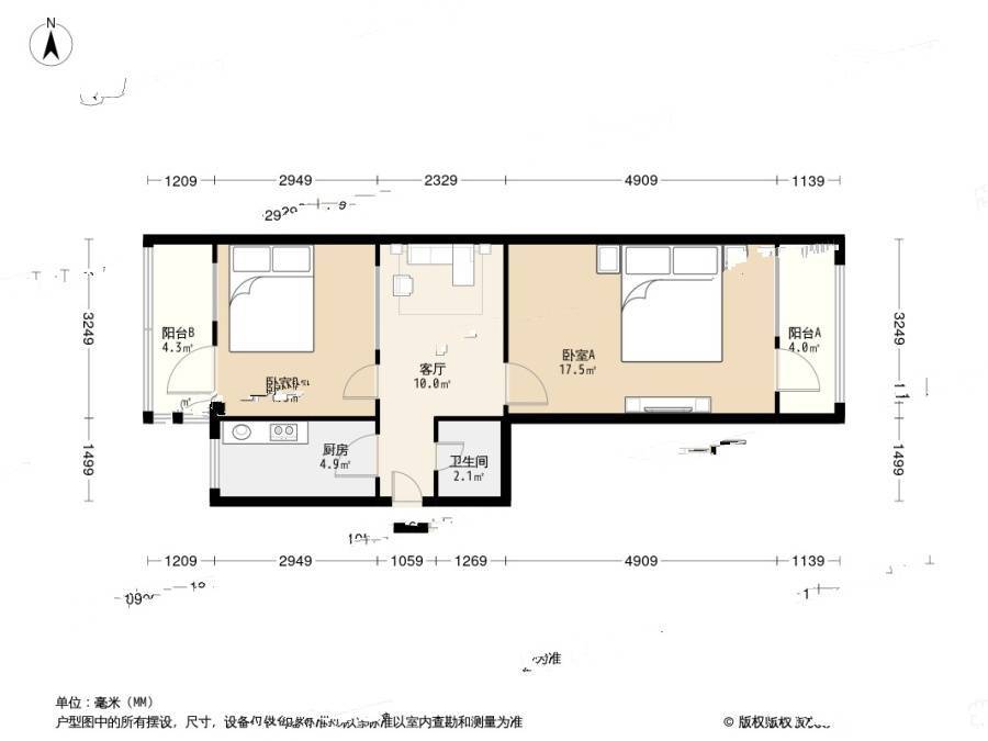 地藏庵小区2室1厅1卫62㎡户型图