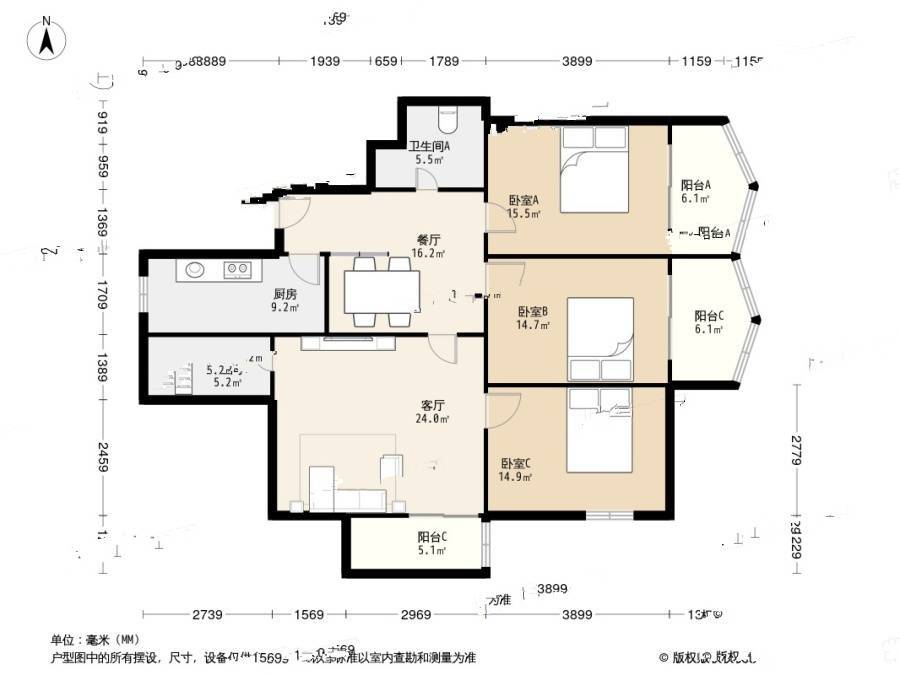 南线里3室2厅2卫115㎡户型图