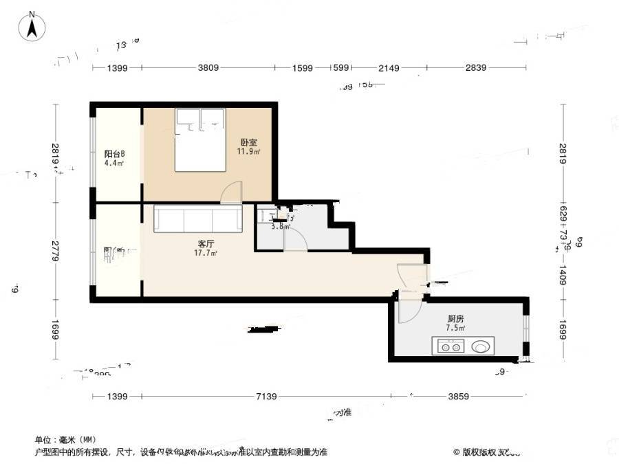 南线里1室1厅1卫57㎡户型图