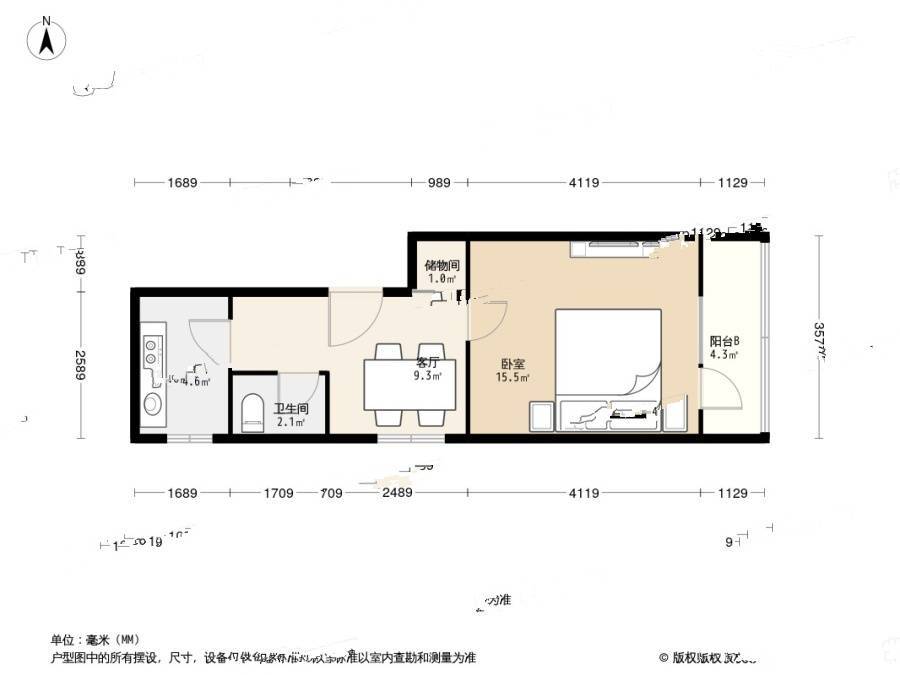 湾子1室1厅1卫45㎡户型图