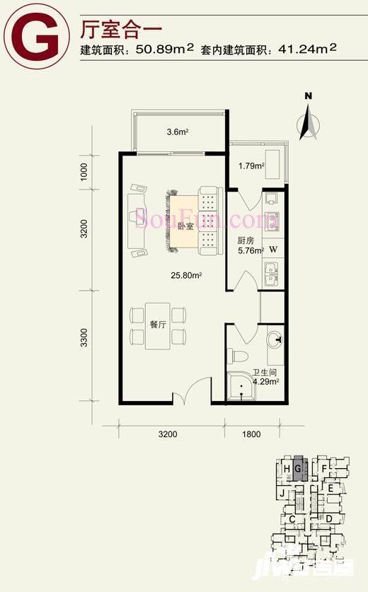 水上华城1室0厅1卫50.9㎡户型图