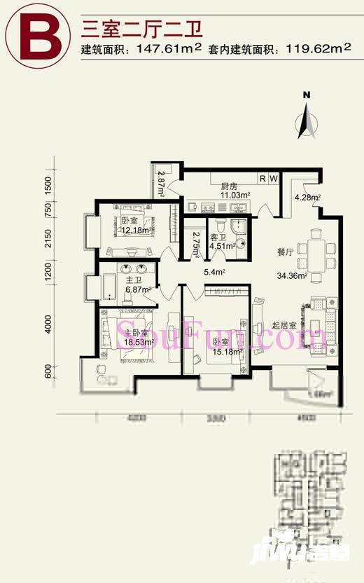 水上华城3室2厅2卫147.6㎡户型图