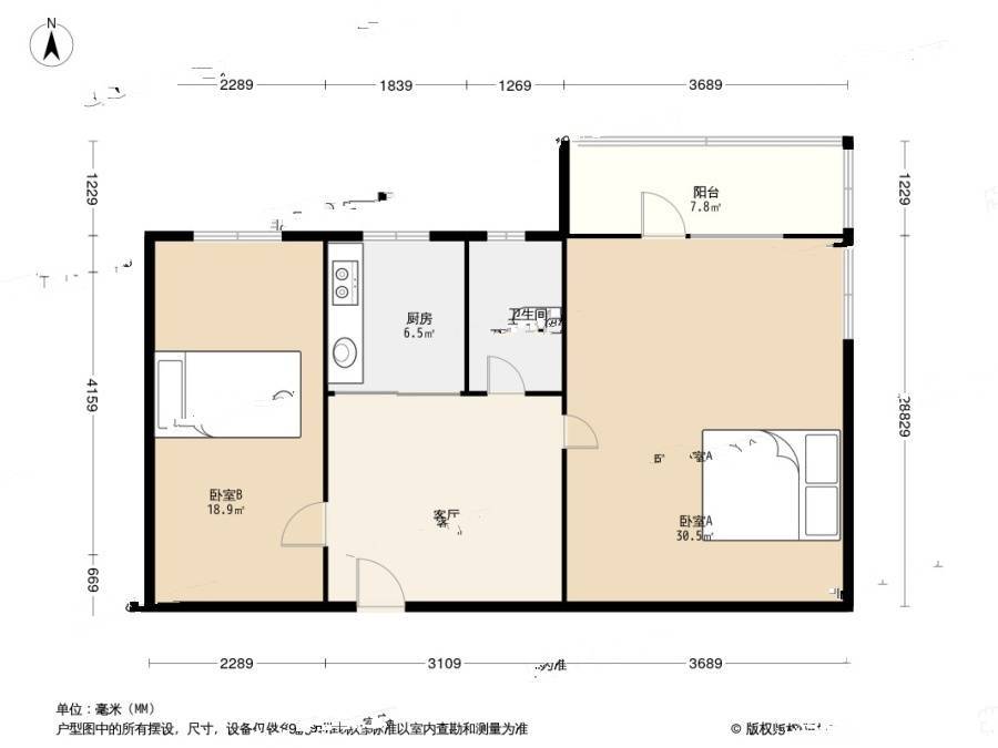 胡家园小区2室1厅1卫64㎡户型图