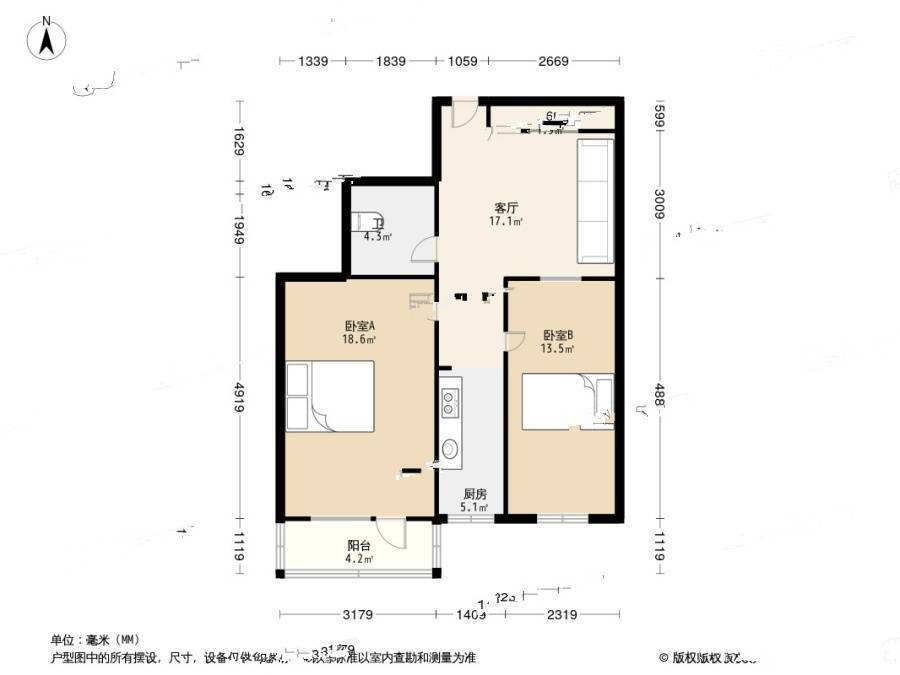 胡家园小区2室1厅1卫69㎡户型图