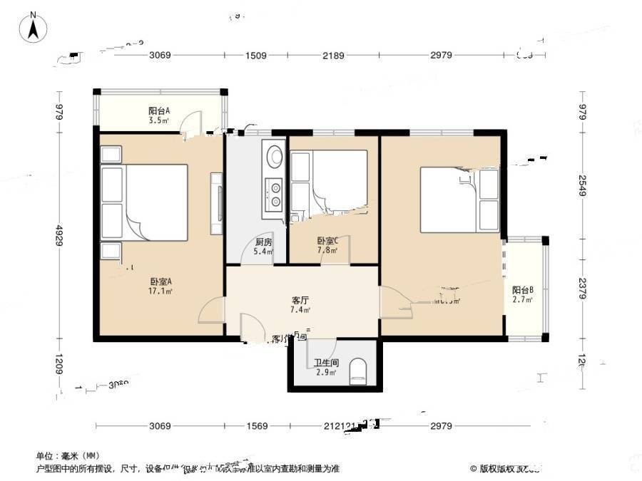 胡家园小区3室1厅1卫75㎡户型图