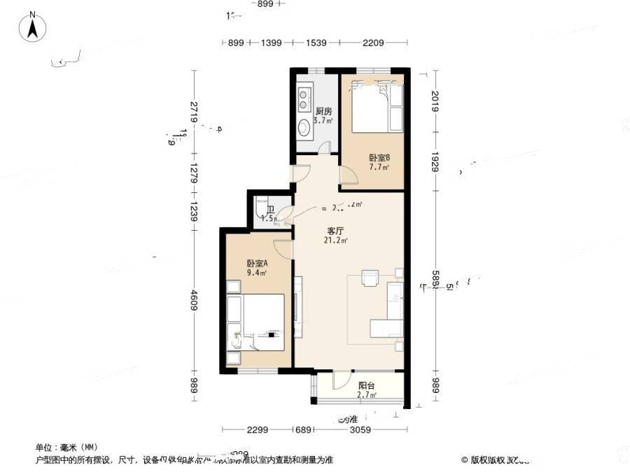 胡家园小区2室1厅1卫71㎡户型图