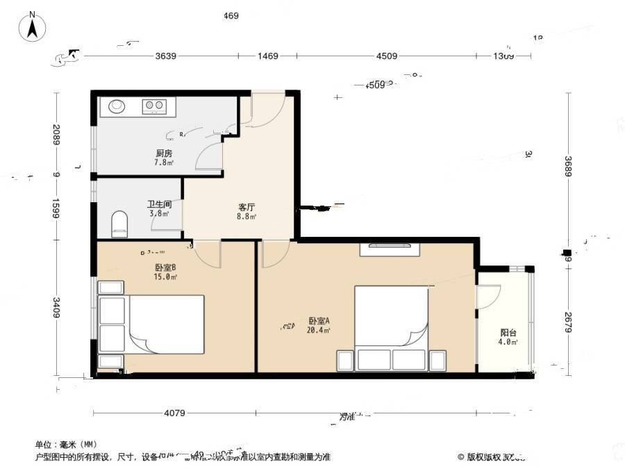 儒福里2室1厅1卫65.2㎡户型图