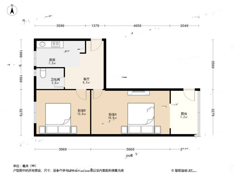 儒福里2室1厅1卫66.7㎡户型图