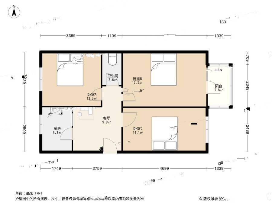 花园胡同3室1厅1卫72㎡户型图