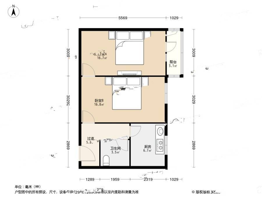 长椿里2室0厅1卫65.4㎡户型图