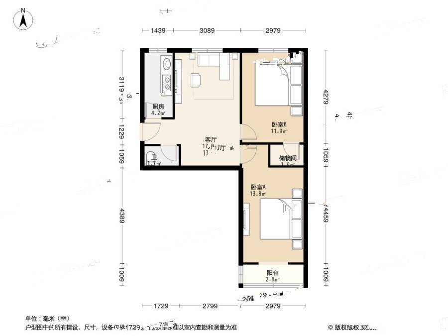 东堂子胡同2室1厅1卫77.6㎡户型图