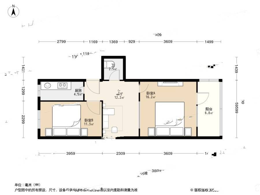 东堂子胡同2室1厅1卫58㎡户型图