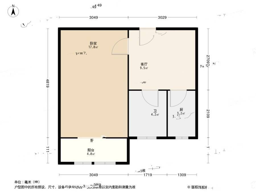 西环里1室1厅1卫42㎡户型图