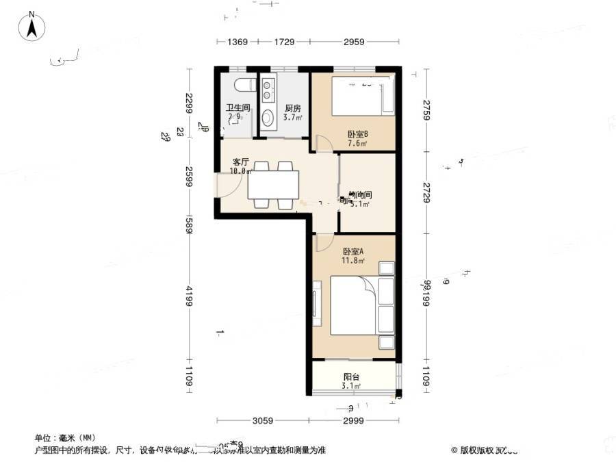 西环里2室1厅1卫65㎡户型图