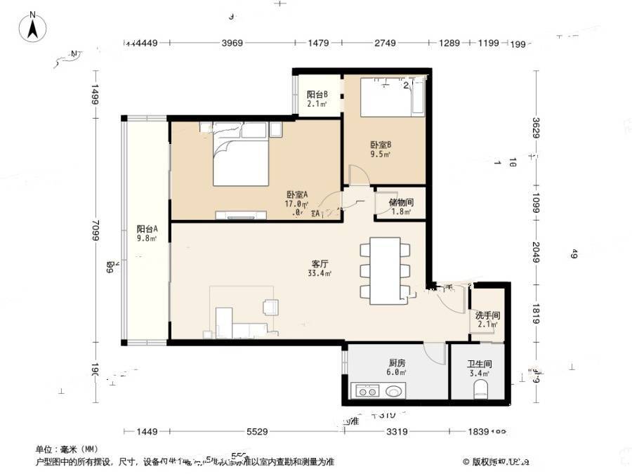 丽水湾畔2室1厅2卫130㎡户型图