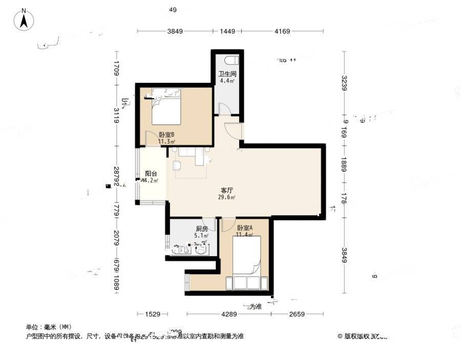 丽水湾畔2室1厅1卫98㎡户型图