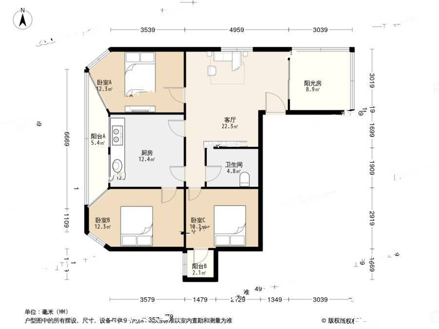 燕城苑小区3室1厅1卫104㎡户型图