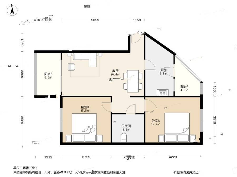 官书院2室1厅1卫92.1㎡户型图