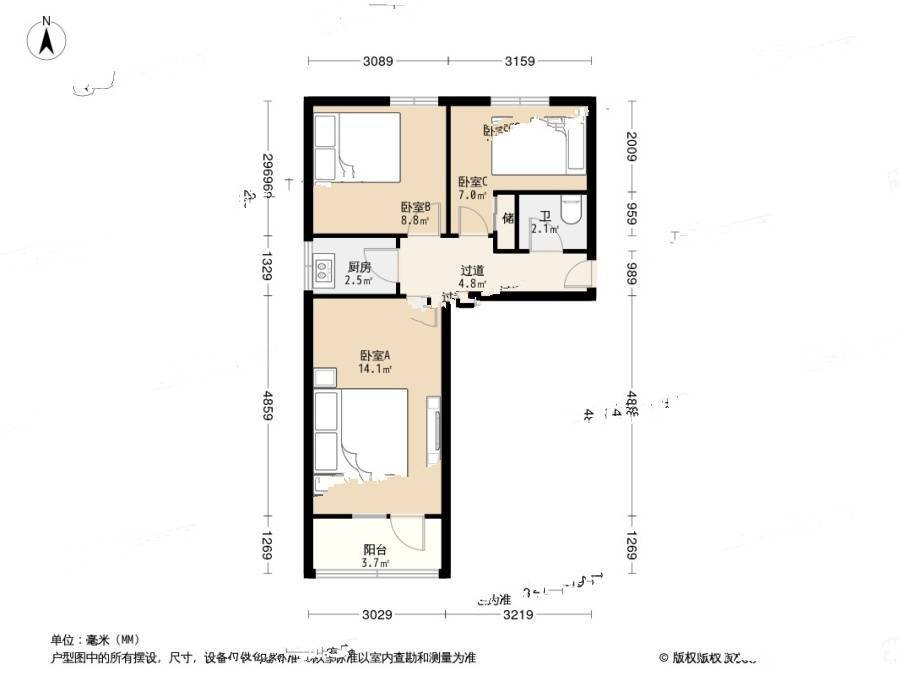 东四四条3室0厅1卫61㎡户型图