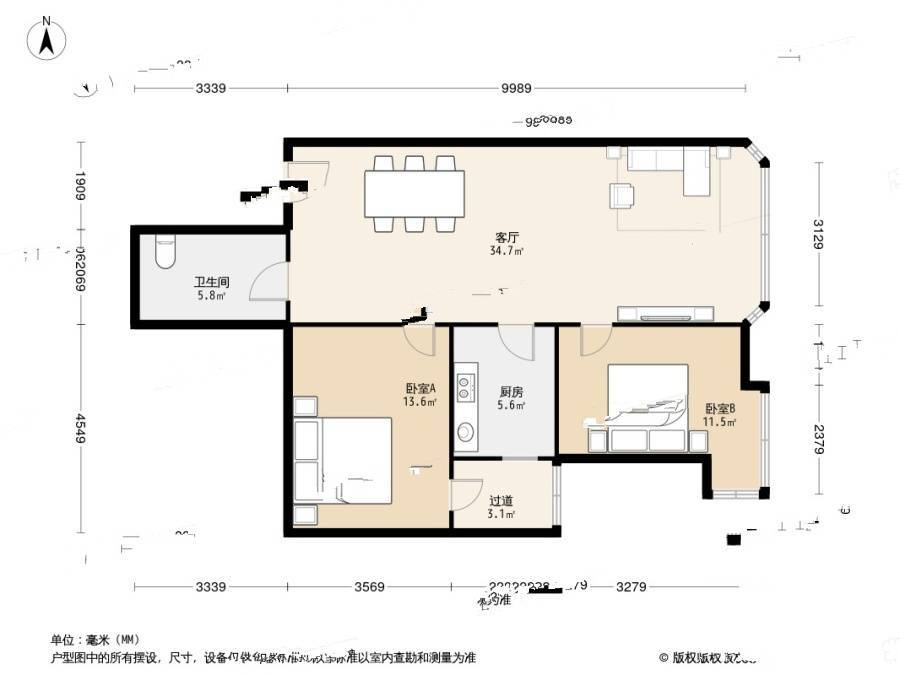 凯景铭座2室1厅1卫138㎡户型图