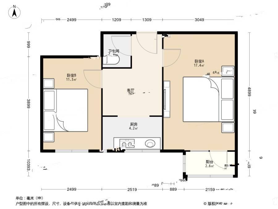 贡院头条2室1厅1卫51㎡户型图