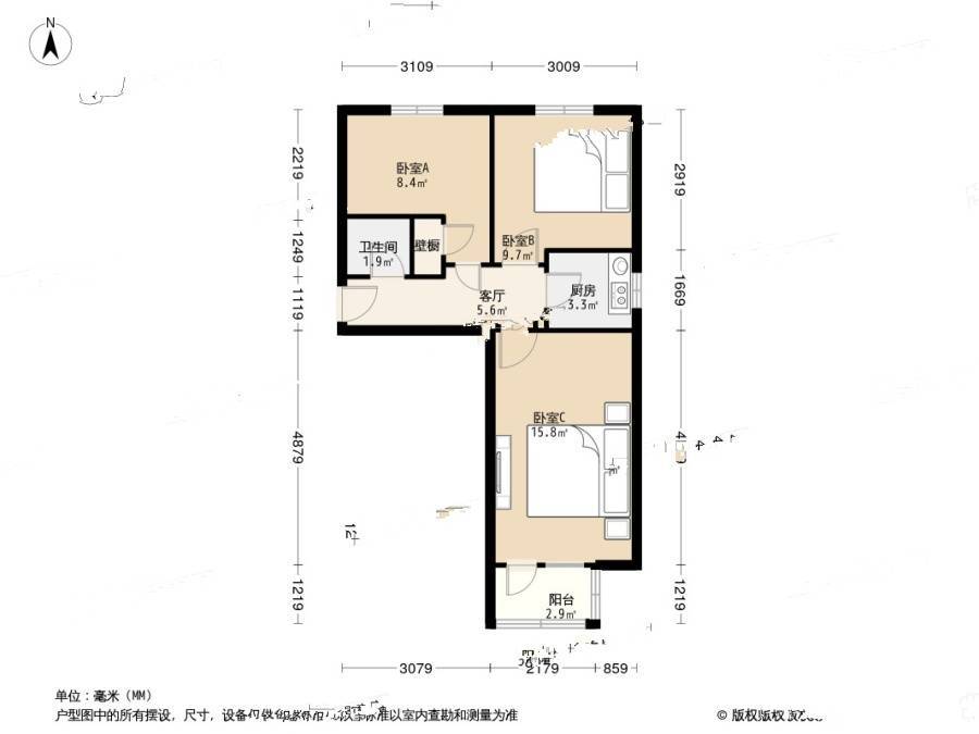 贡院头条3室0厅1卫57.6㎡户型图