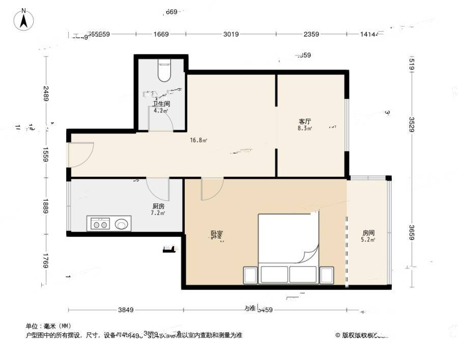 忠实里小区2室1厅1卫62㎡户型图