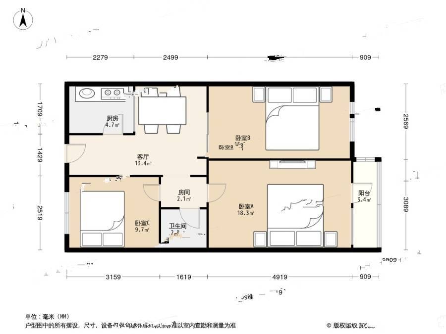 忠实里小区3室1厅1卫77㎡户型图