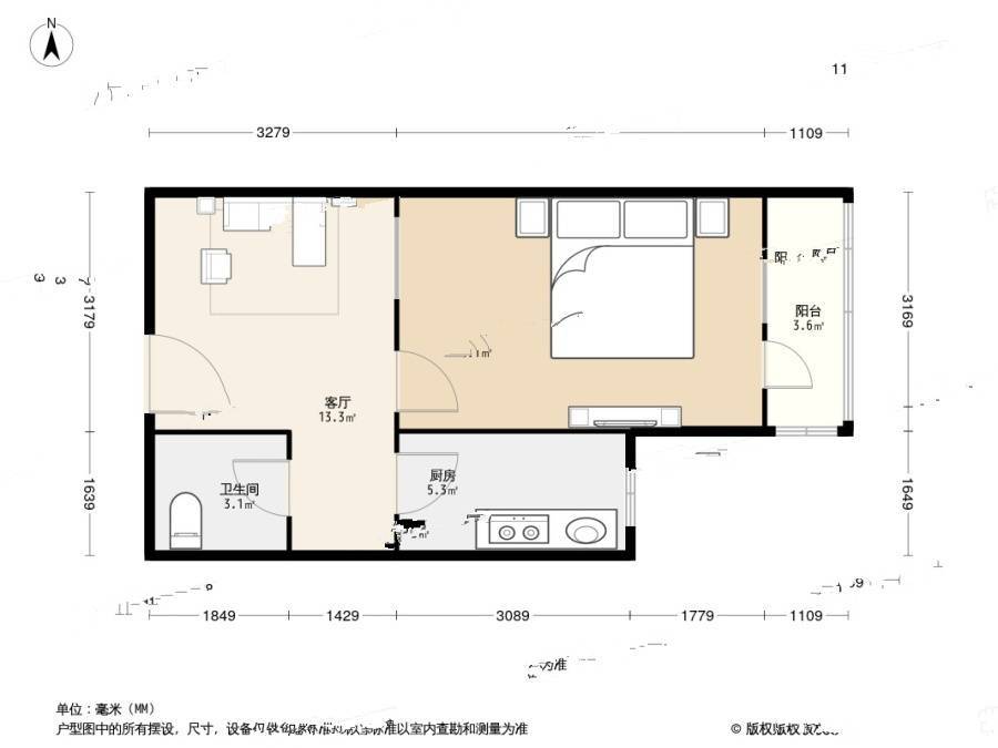 白云观南里1室1厅1卫53㎡户型图