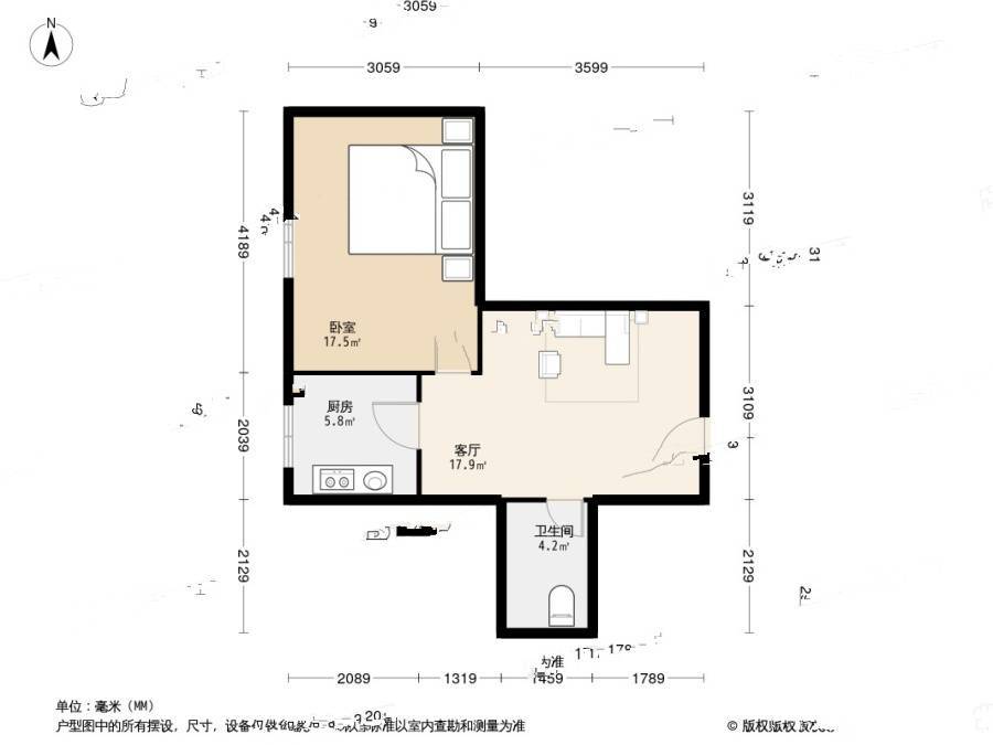 白云观南里1室1厅1卫44㎡户型图