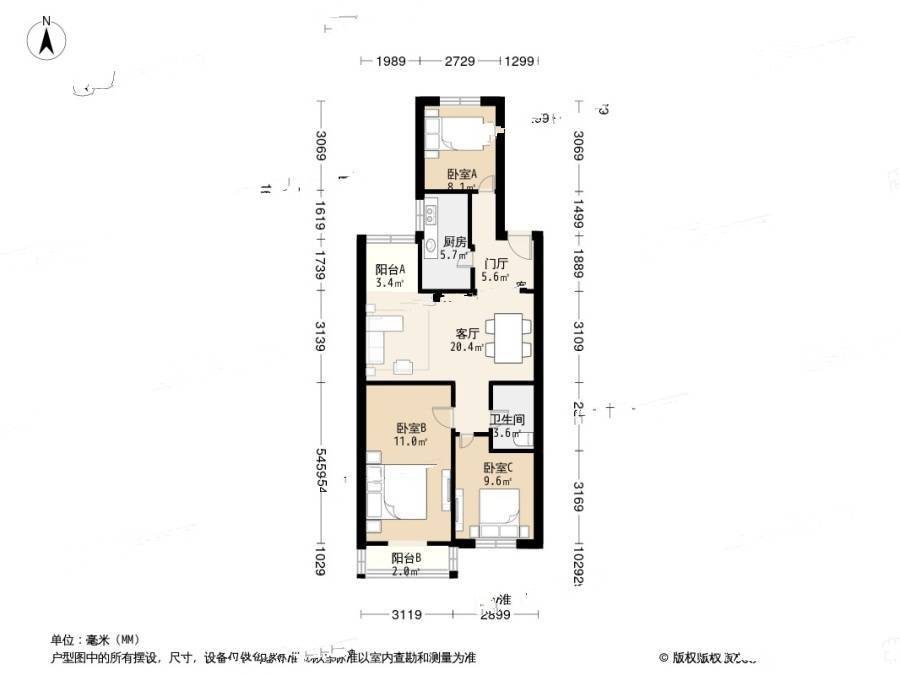 广安门小区3室1厅1卫103㎡户型图