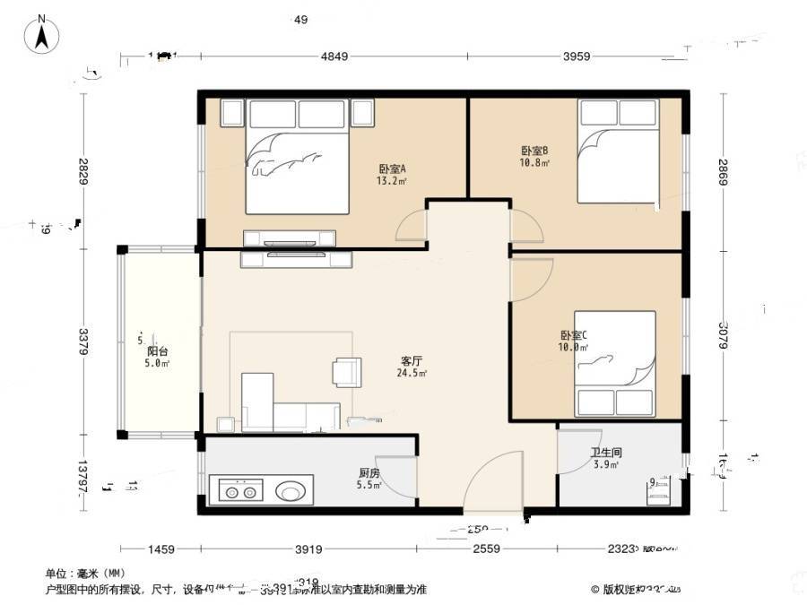 广安门小区3室1厅1卫93.1㎡户型图