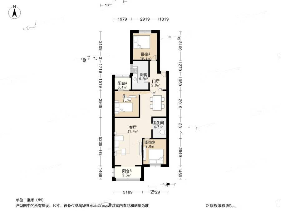 广安门小区3室1厅1卫103.3㎡户型图