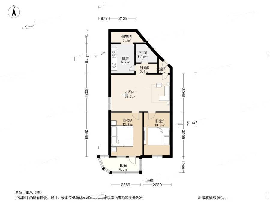 苗圃东里2室1厅1卫66㎡户型图