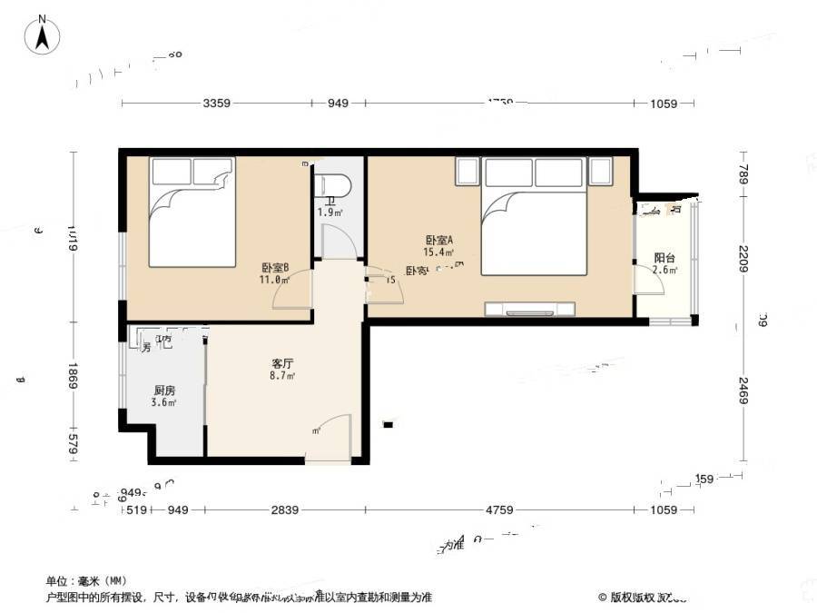 苗圃东里2室1厅1卫53.4㎡户型图