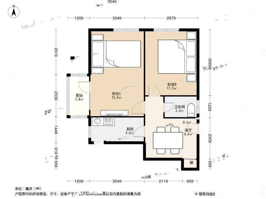 南开西里2室1厅1卫57.3㎡户型图