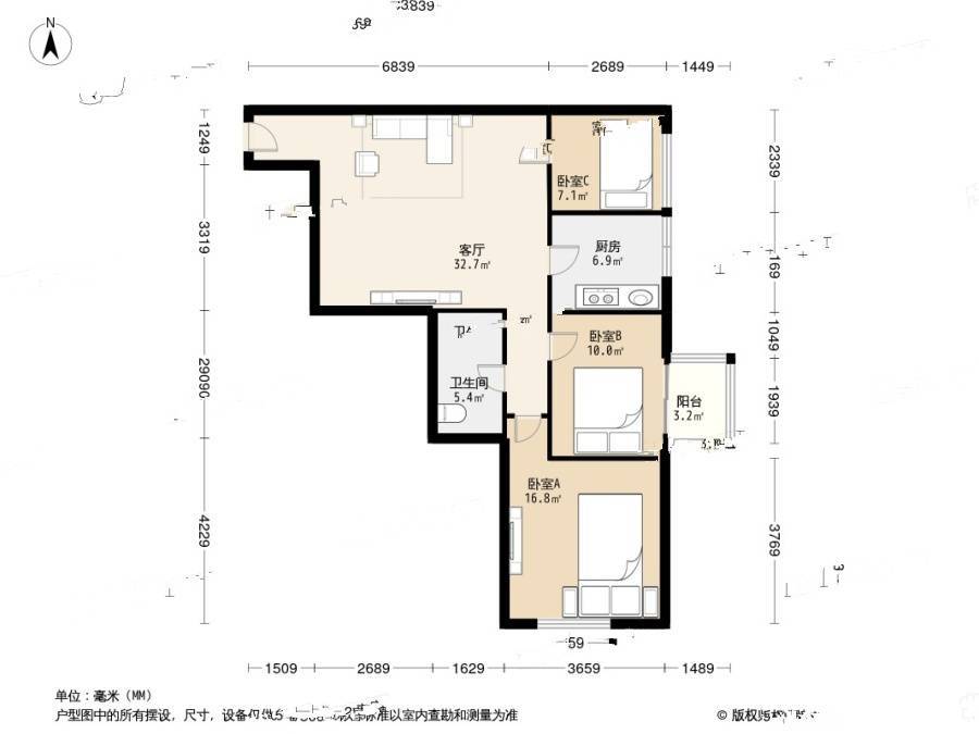 华源二里3室1厅1卫94.1㎡户型图