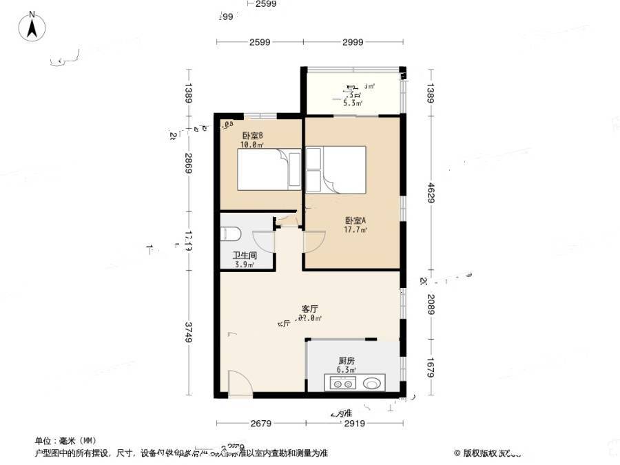 青年沟23号院2室1厅1卫67.1㎡户型图