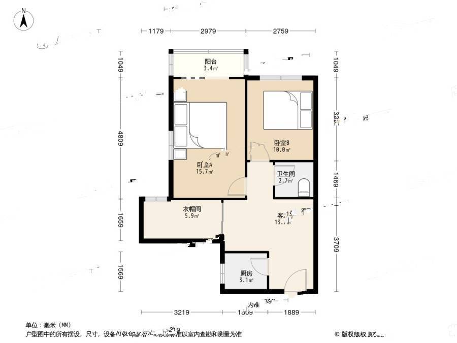 青年沟23号院2室1厅1卫57㎡户型图