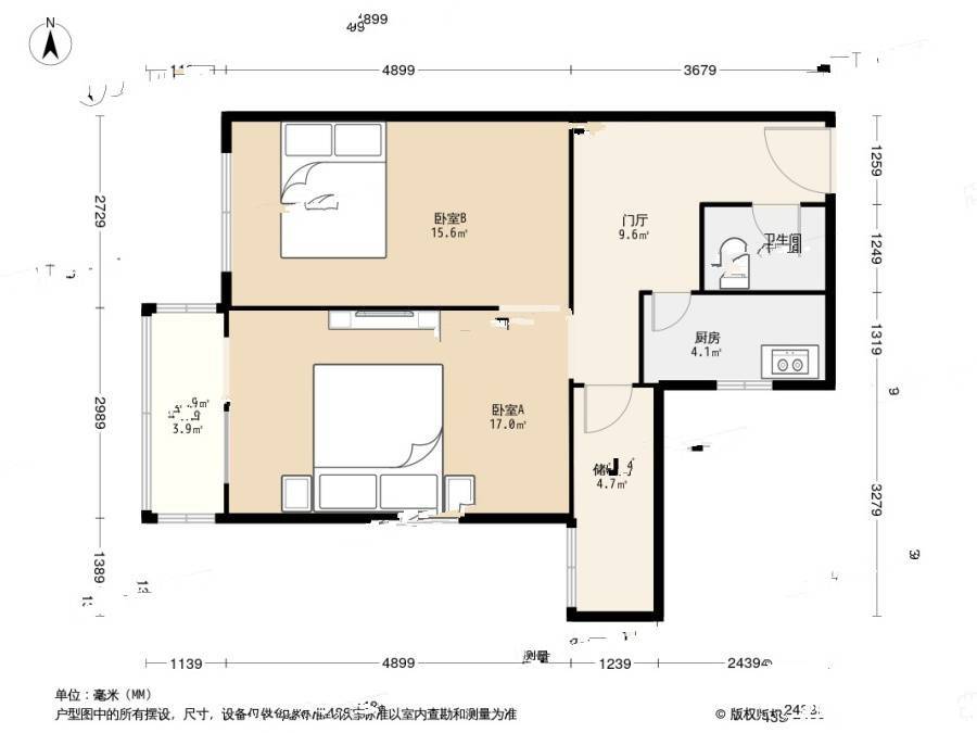 青年沟23号院2室0厅1卫57.2㎡户型图